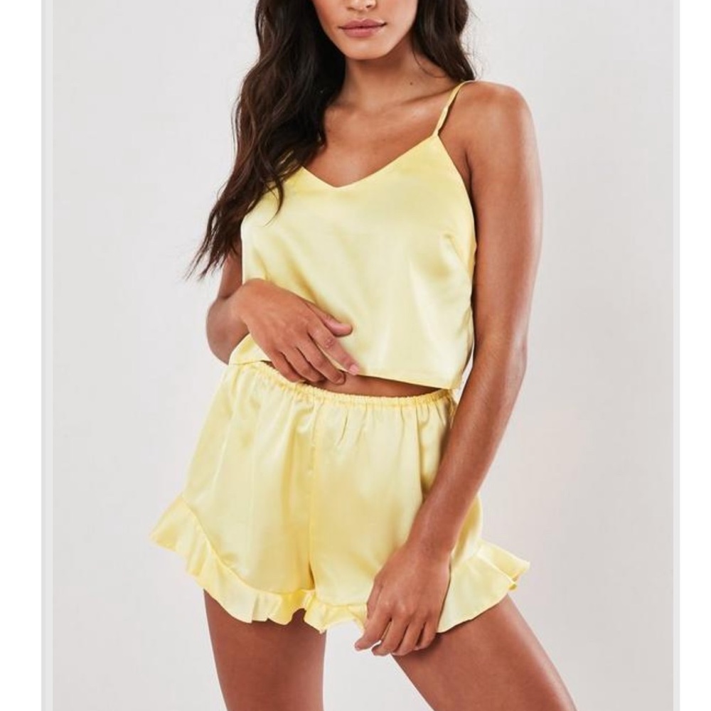 yellow satin cami frill short pyjama set